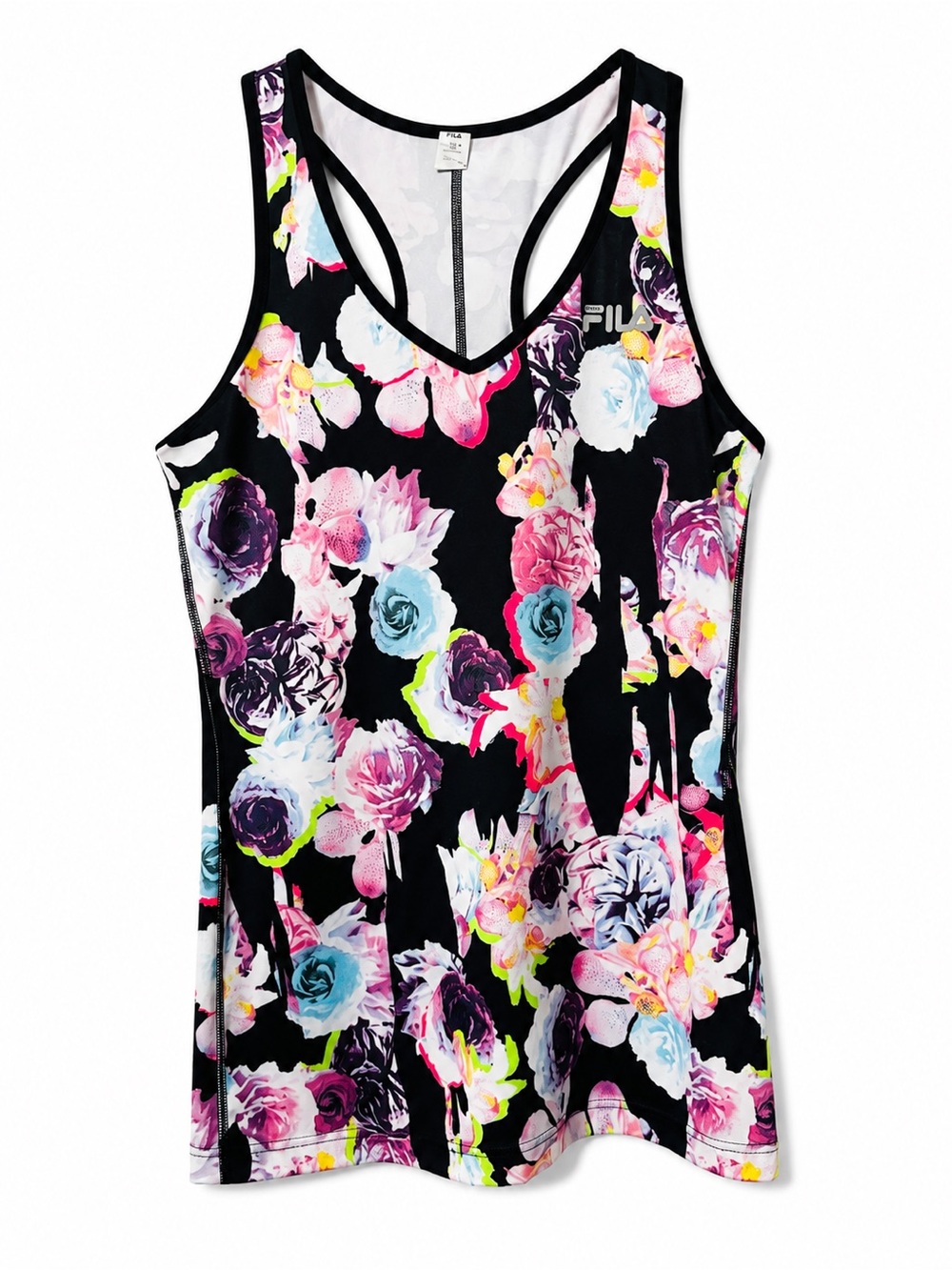 FILA Sport Women’s Medium Floral Racerback Athletic Tank Top Black Pink Workout